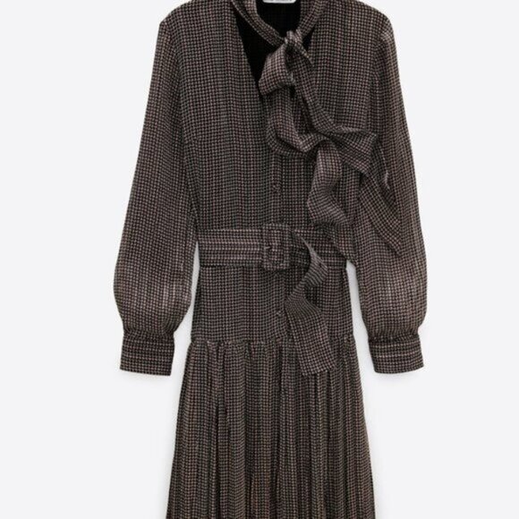 NWT Zara black brown metallic thread belted midi dress, S - Picture 5 of 8